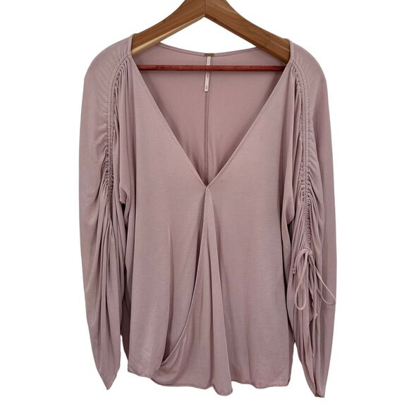Free People Top Medium Pink Drape Ruched Sleeve V-Neck Jersey - Picture 1 of 8